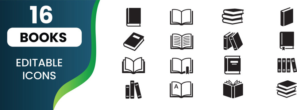 Set of minimalist black and white book icons for education and library design