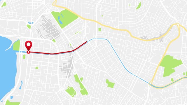 Animated GPS route on a city map of Porto Alegre, Rio Grande do Sul, Brazil, with a red location pin and path line in 4K