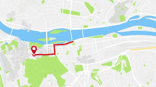 Animated GPS route on a city map of Prague, Prague Region, Czech Republic, with a red location pin and path line in 4K