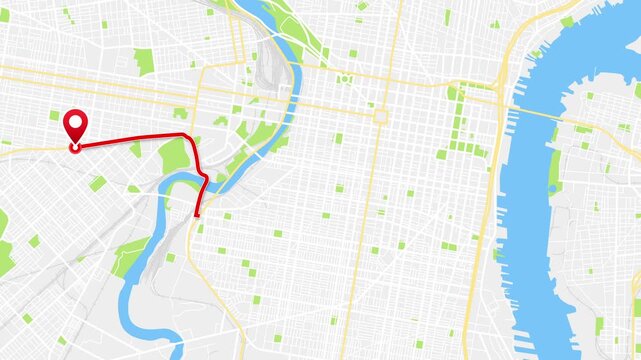 Animated GPS route on a city map of Philadelphia, Pennsylvania, United States, with a red location pin and path line in 4K