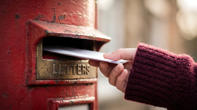 Person dropping a white letter into the slot of a traditional red british post box on a european street with red mailbox mailing letter postal service street postbox