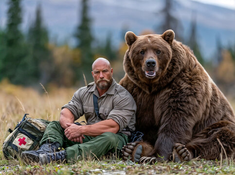 National park ranger sitting next to the grizzly bear on blurred forest background. Veterinary medicine, animal care and wildlife protection concept. Lifestyle portrait for poster, visual material