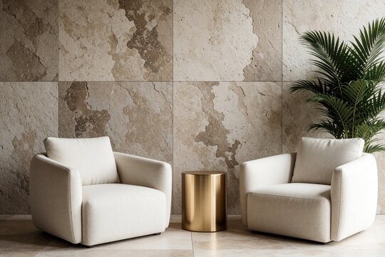 Two modern upholstered armchairs with square shape sit beside golden side table against textured stone wall background. Furniture styled in minimalist fashion with neutral beige color scheme