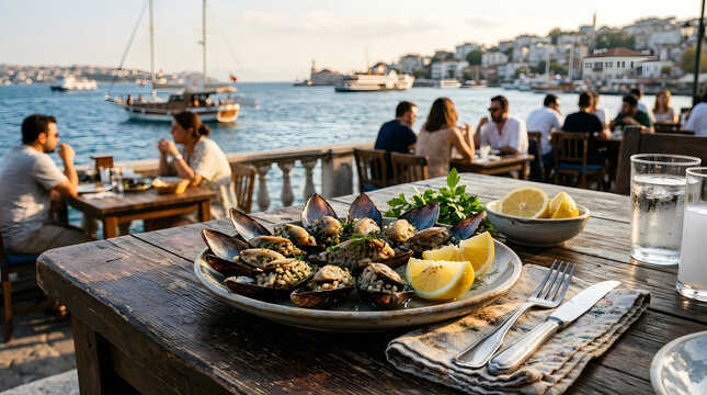Turkish Midye dolma on serving plate