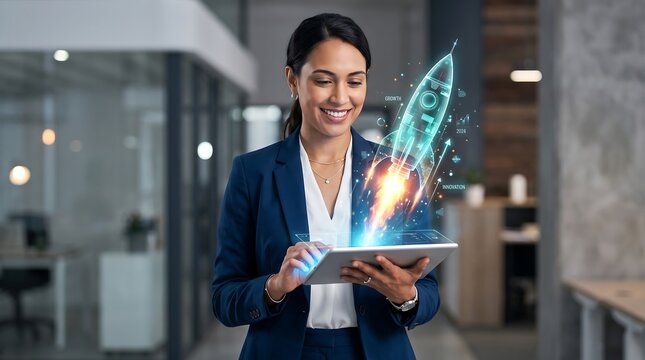 Businesswoman analyzing holographic data projection in modern office environment