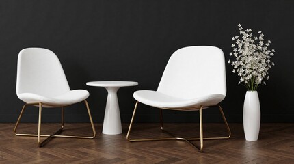 Obraz premium Two white modern chairs rest near small table and white vase filled with delicate white flowers. Furniture sits on dark wooden floor against plain black wall, creating minimalist indoor scene.