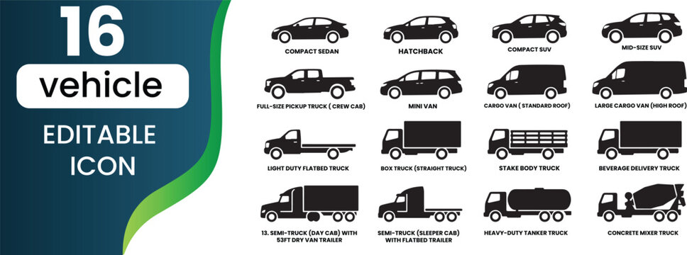 Set of black and white vehicle icons featuring various automobiles, trucks, and transportation silhouettes on a white background
