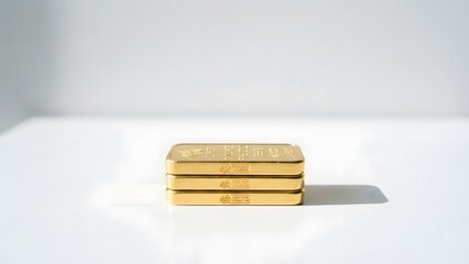Fototapeta premium Three shiny gold bars stacked on a white surface with soft shadows and bright lighting.