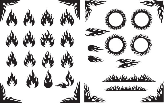 Set of black and white flame icons featuring circular flame frames and horizontal flame dividers for graphic design
