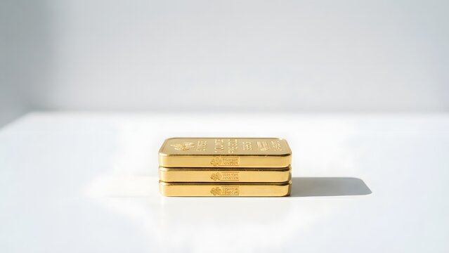 Three shiny gold bars stacked on a white surface with soft shadows and bright lighting.