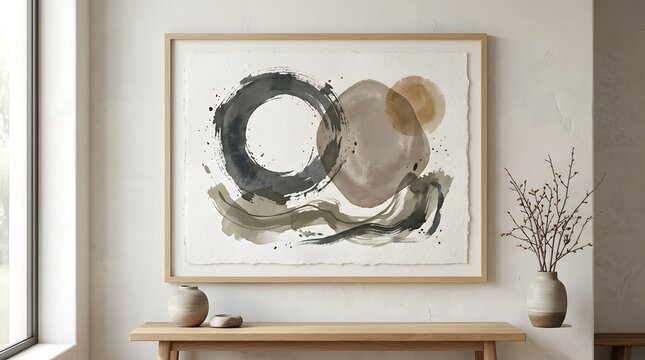 Minimalist abstract wall art in wooden frame, zen ink wash painting on textured paper, wabi-sabi interior decor mockup