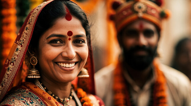 Indian woman smiles warmly dressed in traditional red and gold attire. Bindi dots forehead, large earrings dangle. Man in turban stands blurred behind her.