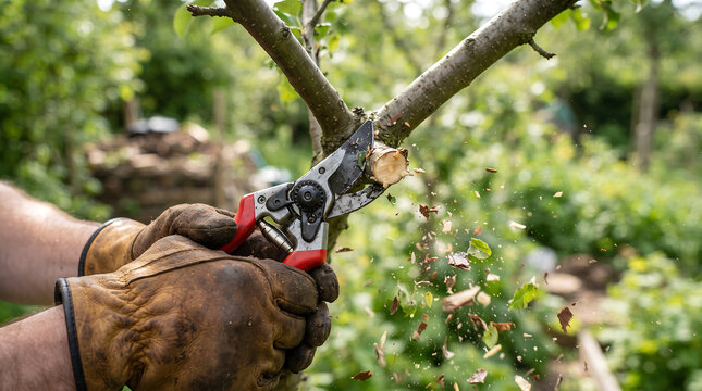 Gardener wearing brown leather gloves cutting a tree branch with professional pruning shears outdoors garden shears fruit tree gardener gardening agriculture
