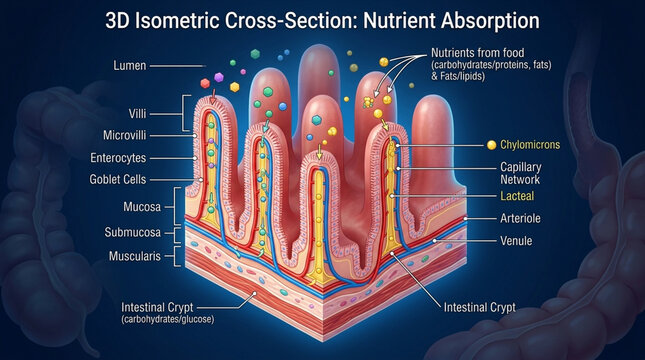 3D Isometric Cross-Section Medical Illustration of Small Intestine Villi and Nutrient Absorption Process