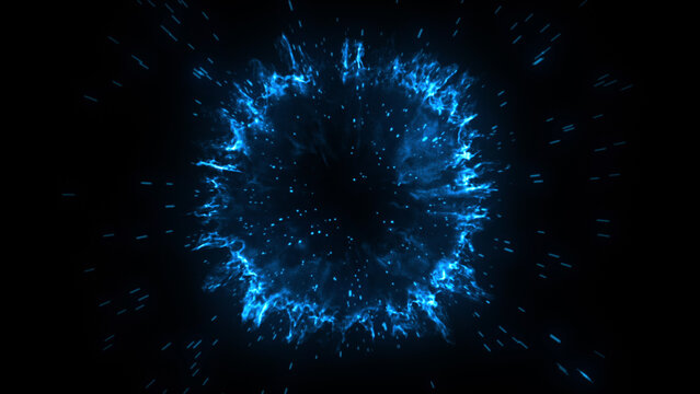 Cinematic blue energy shockwave explosion isolated on black