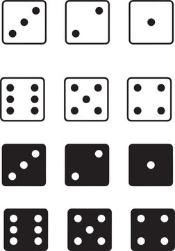Minimalist black and white set of dice faces showing numbers one through six in a grid layout