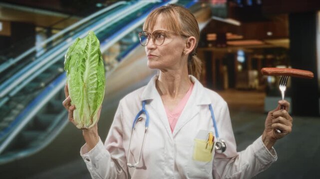 Woman doctor in lab coat holds romaine lettuce in left hand and forks a sausage in right hand in airport concourse; contemplation health choice.