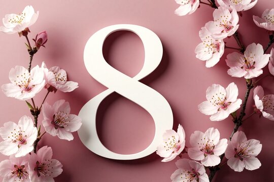 White number 8 with floral branches on pink background. Flowers, buds add elegance. Holiday decoration idea. Perfect for celebrations. Ideal for feminist events. Springtime theme. Versatile design