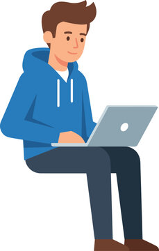 A flat-style vector illustration of a young man with brown hair, wearing a blue hoodie and dark pants, sitting and typing on a gray laptop with a relaxed, focused expression. 
