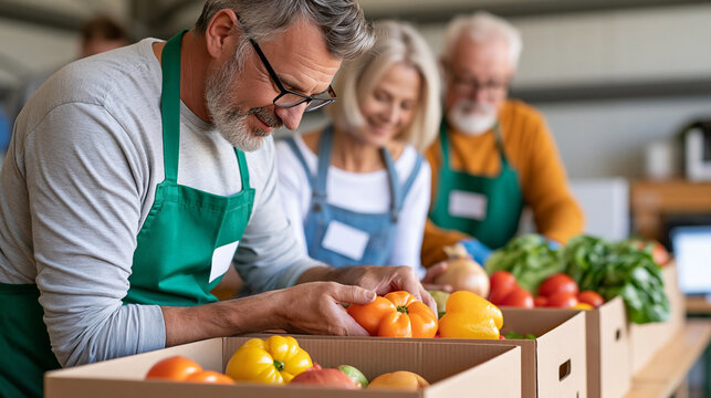 Senior volunteers packing grocery donation boxes at a community food bank, elderly volunteering, charity activity, food assistance, social support, community service, humanitarian