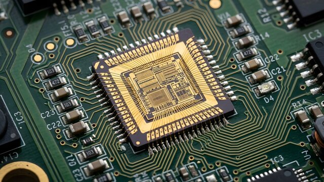Close-up view of a golden computer microchip processor on a green circuit board with intricate wiring and other electronic components.