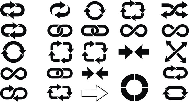 Black loop arrow vector icon set with infinity symbols rotation cycles chain links and shuffle process pointers collection