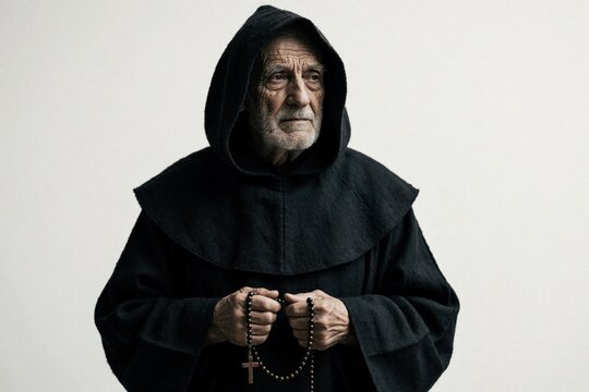 Elderly monk in black hooded robe holds wooden rosary beads. Old man with grey beard looks aside in prayer. Spiritual person practices religion, meditation. Catholic priest ascetic monk stays in