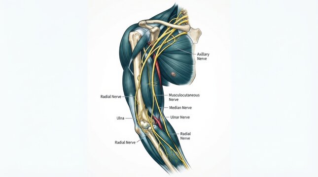 The visual shows the anatomy of peripheral nerves including the radial nerve and ulnar nerve for educational purposes.