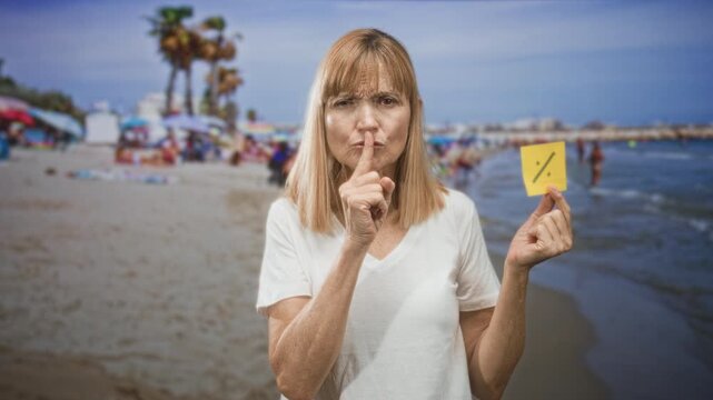 Middle age blonde woman holds yellow note with percent symbol and puts finger to lips for silence on a crowded beach; silence warning.