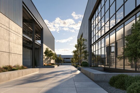 A modern industrial office complex frames a broad concrete courtyard with glass walls, landscaped planting beds, small trees, long shadows, and a bright partly cloudy sky above