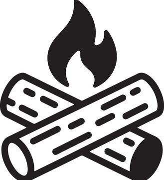 Minimalist black and white campfire icon with crossed logs and flame