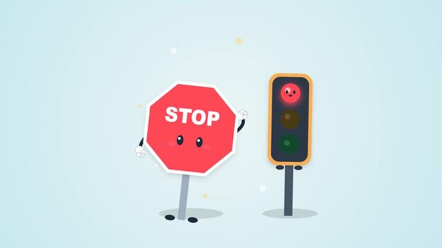 Cute cartoon stop sign and red traffic light character vector illustration for road safety education