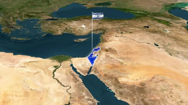 3D Satellite Map View Highlighting Israel with Text Overlay and Waving National Flag
