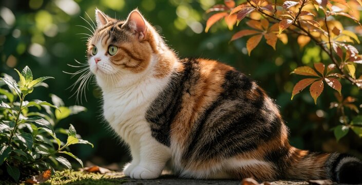 Calico munchkin cat sits outdoors in green plants looking curious. Small fluffy feline with green eyes and distinctive fur pattern rests peacefully. A cute domestic pet enjoys nature.