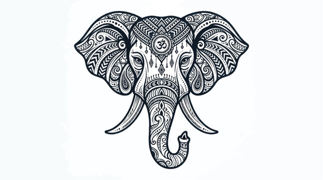 Intricate elephant head illustration featuring ornate patterns and stylized lines in a monochrome design.