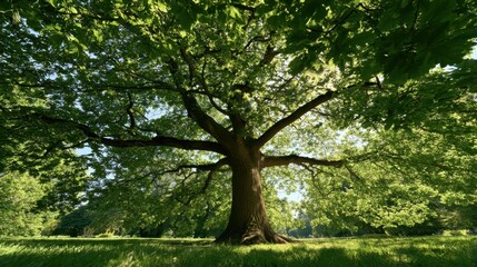 Fototapeta premium Majestic tree with lush green leaves in a sunlit park