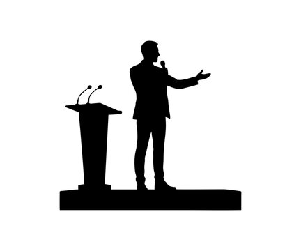 Public speaker silhouette at podium addressing audience crowd, business presentation or political speech concept illustration on white background. 


