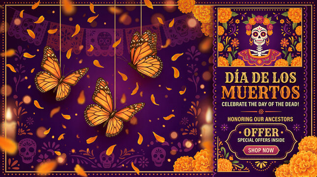 Decorated monarch butterflies orange marigold flowers catrina skeleton purple background. Festival sale offer for Dia de los Muertos. Banner for Day of the Dead Catrina with copy-space.