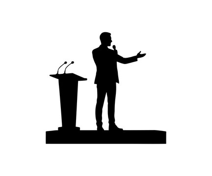 Public speaker silhouette at podium addressing audience crowd, business presentation or political speech concept vector design and illustration.

