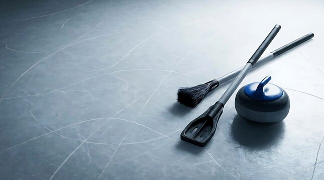 A high-angle studio shot of broomball equipment featuring a specialized broom and a stone sitting on a textured ice rink surface with scratch patterns