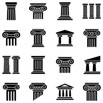 Set of classical architectural columns and capitals silhouette icons with black silhouette vector icons doric column ionic column corinthian column capitals architecture historic historical