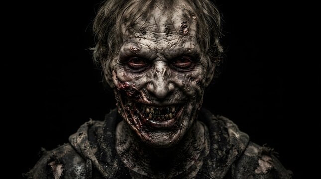 Close up portrait of a terrifying zombie with red eyes and torn clothes on black background