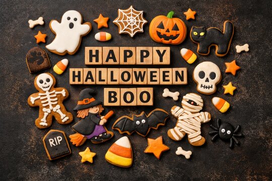 Halloween sugar cookie arrangement with "happy halloween boo" lettering for holiday background and party banner design