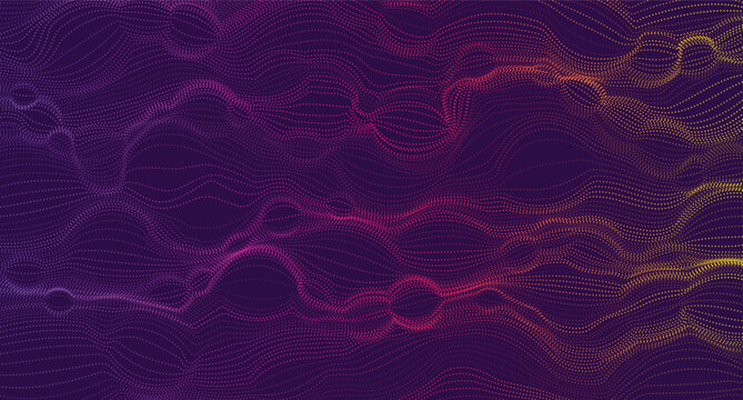 Vector flowing dotted waves flow across a dark purple background. Colorful halftone pattern with a gradient from yellow to purple flowing horizontally