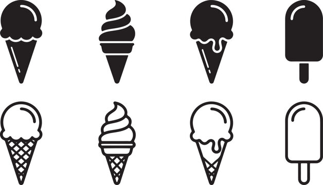 Set of minimalist black and white ice cream and popsicle icons in flat line art style