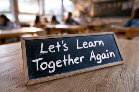 A chalkboard sign in a vibrant classroom reads 'Let's Learn Together Again,' inspiring a sense of community and collaboration among students in a warm and encouraging educational setting.