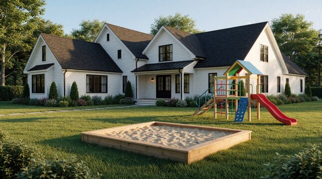 Modern white farmhouse with large backyard, green lawn. Kids play area features wooden sandbox, colorful jungle gym with red slide. Luxury suburban residence big windows, dark roof, garage, beautiful