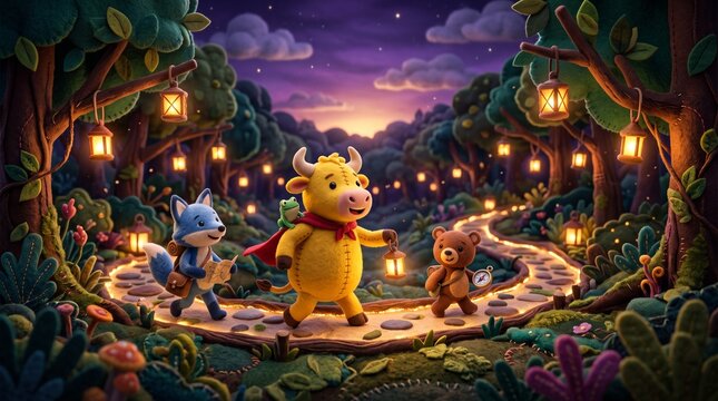 Cute cartoon animals walking along a magical glowing forest path at twilight. Smiling yellow bull, blue fox, and teddy bear exploring enchanted woods with hanging lanterns. Fairy tale digital