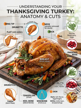 Comprehensive Infographic of Roasted Thanksgiving Turkey Anatomy and Different Meat Cuts with Herbs and Cranberries