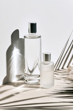 Minimalist blank packaging skincare tonic and serum on white wall with palm leaf shadows